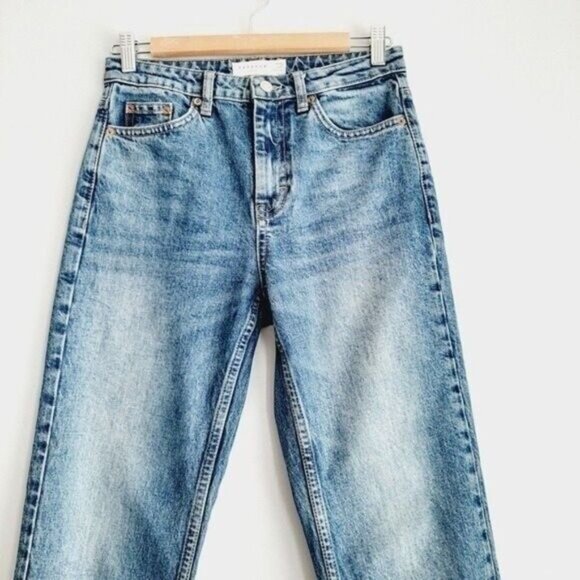 TOPSHOP Straight Leg High Waist Blue Jeans Fringe Hem Sz 26 - Picture 3 of 8